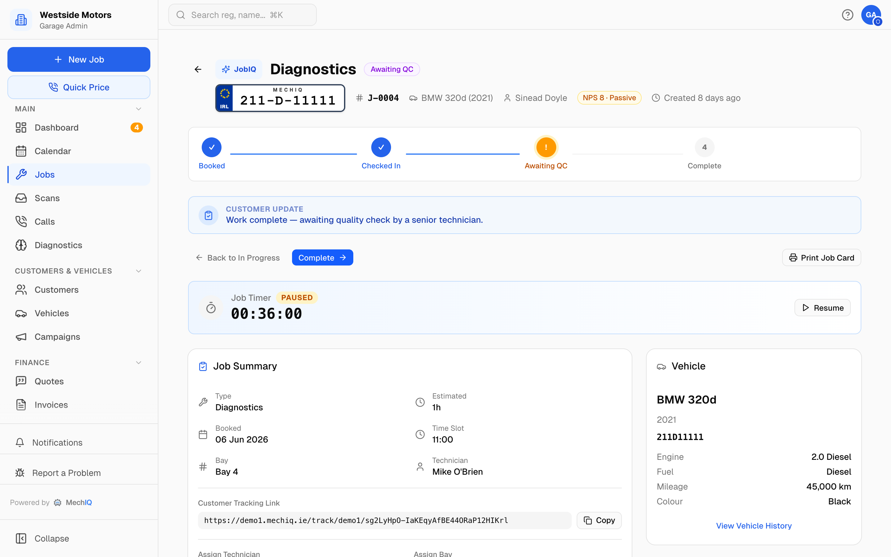 MechIQ job detail with the live status pipeline, job timer, vehicle history, and customer tracking link