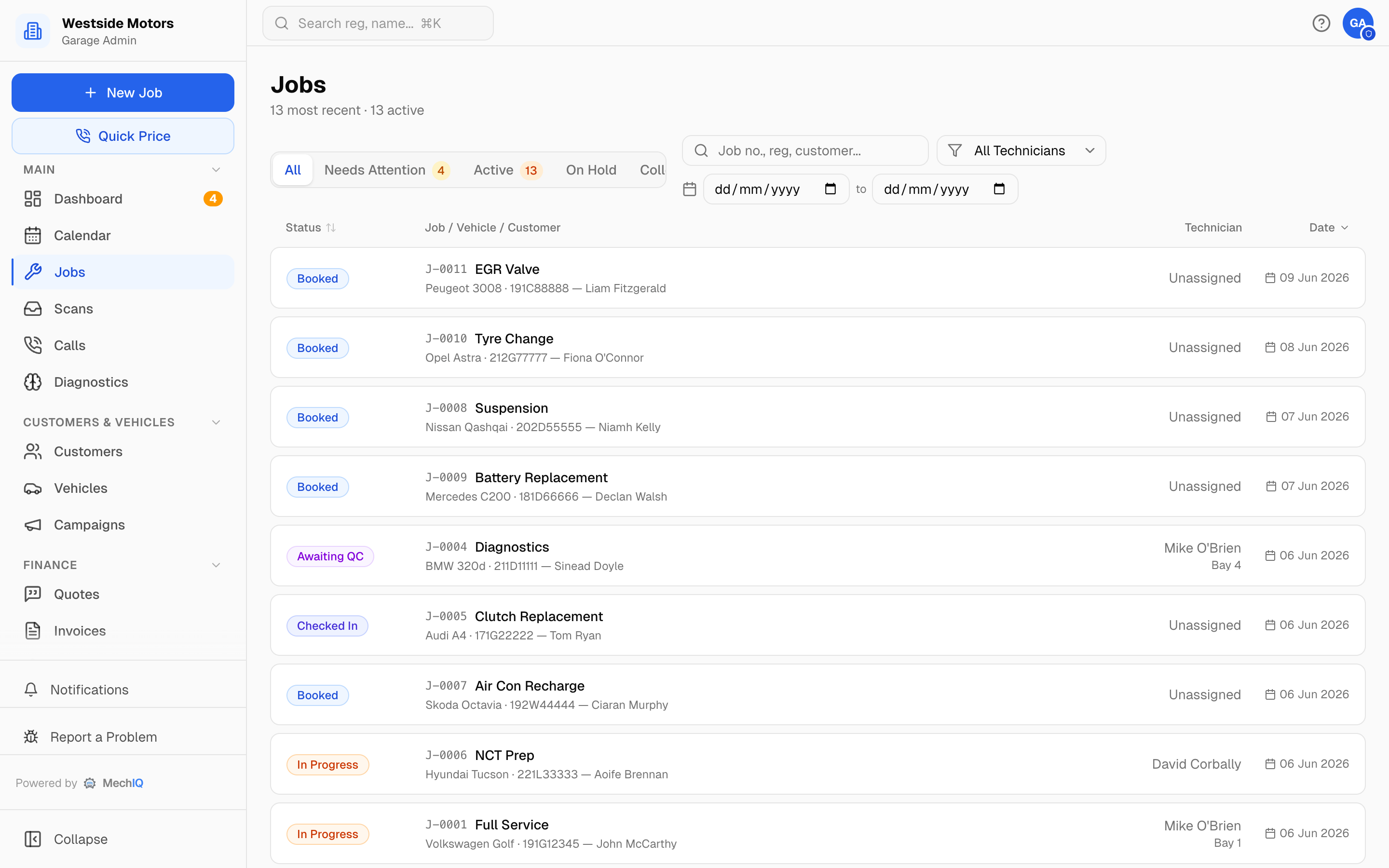 MechIQ jobs board tracking every live job by status (booked, in progress, awaiting QC, on hold) with technician and bay