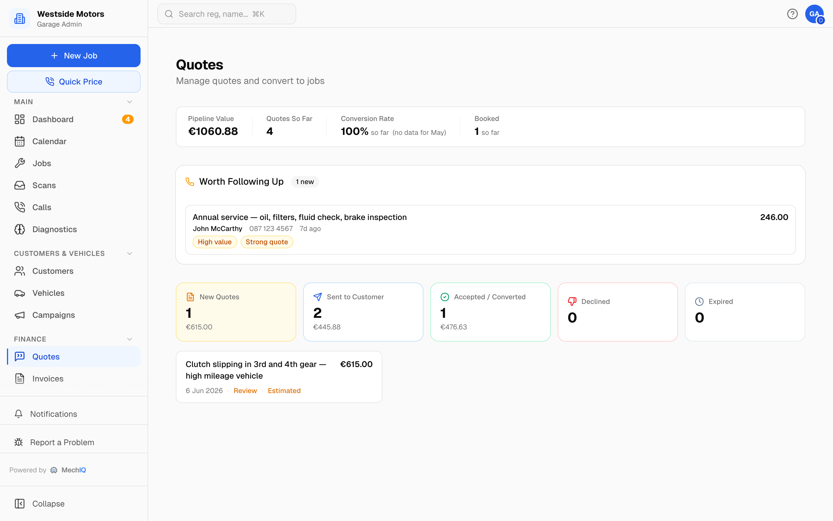 MechIQ AI quoting: generate a full customer quote with parts and labour in under two minutes